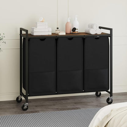 3-Section Laundry Hamper with Shelf Pull-Out Removable 12.8 gal Bags, Metal - Image 2