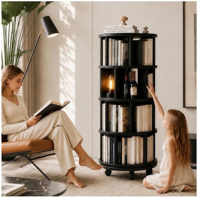 Solid Wood Rotating Round Bookshelf Towers by Unknown