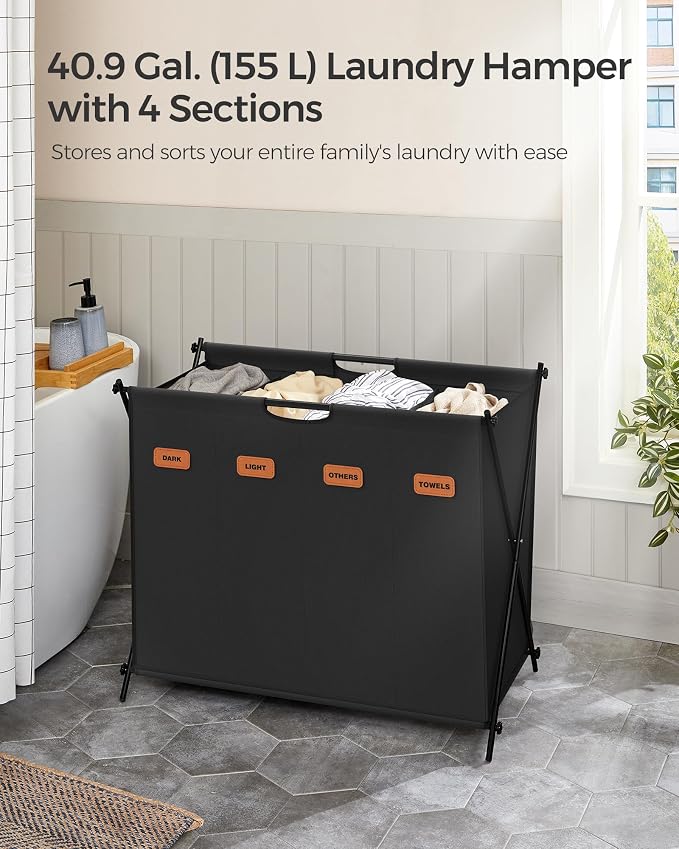 SONGMICS Laundry Hamper, Laundry Basket, 40.9 Gal. Laundry Sorter 4 Sections - Image 3