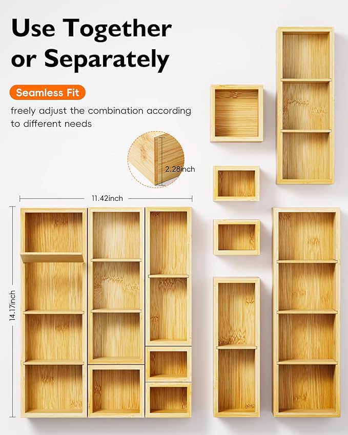 Desk Drawer Organizer Tray Set of 6 – Bamboo Office Storage Boxes - Image 2