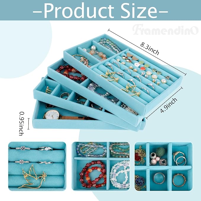 Framendino, 4 Pack Blue Velvet Jewelry Trays Stackable Organizer Drawer Inserts - Image 2