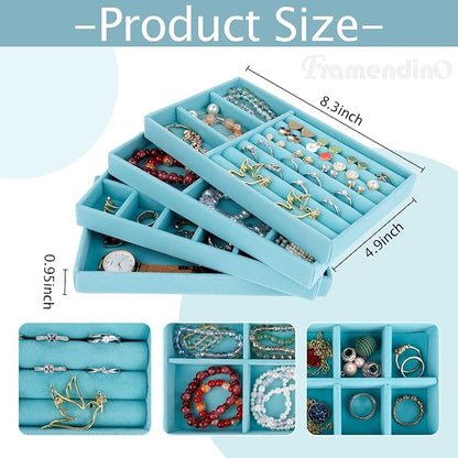 Framendino, 4 Pack Blue Velvet Jewelry Trays Stackable Organizer Drawer Inserts - Image 2