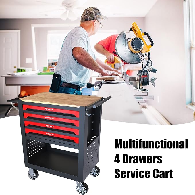 36" Tool Box with Wheels 4 Drawers Rolling Tool Cart, Wooden Top Workbench - Image 8