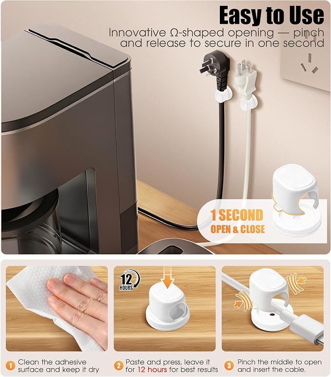 8 Pack Cord Organizer, Ω-Shaped Rotatable Cable Clips, Strong Adhesive Cable - Image 3