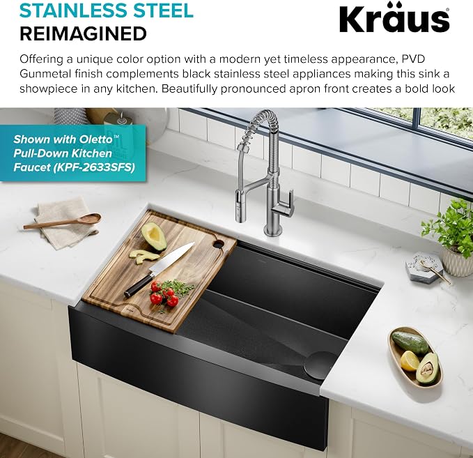 KRAUS Kore Workstation 33-inch Farmhouse Modern Flat Apron Front 16 Gauge Black - Image 5