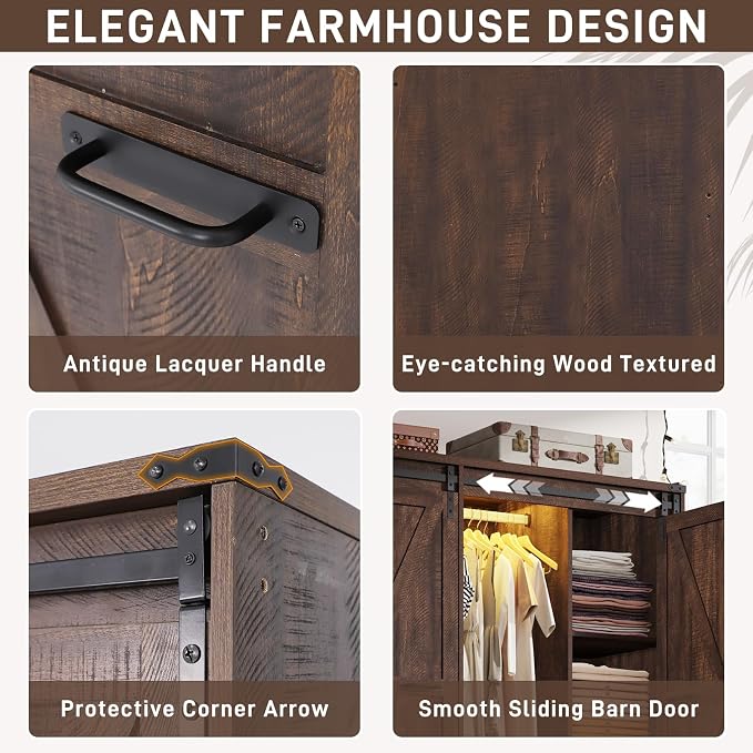 Farmhouse 4 Doors Armoire Wardrobe Closet w/Folding Sliding Barn Door and Lights - Image 7