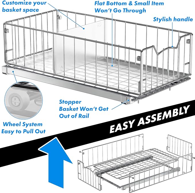 Simple Houseware Pull-Out Cabinet Sliding Basket, 17.2Dx9.7Wx5H, Chrome | Ideal - Image 4