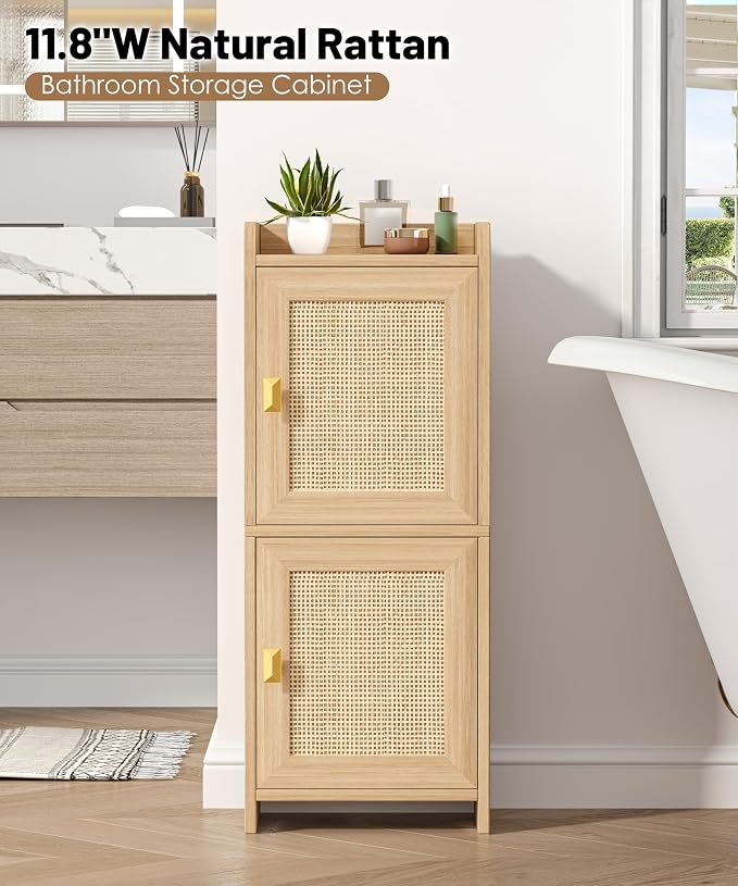 Akxomel Rattan Small Bathroom Cabinet Narrow Toilet Paper Organizer Oak | - Image 4