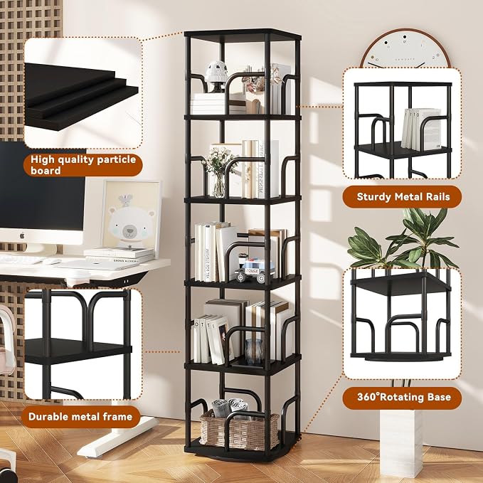 IBUYKE 6 Tier Rotating Bookshelf, Square Bookcases - Image 7