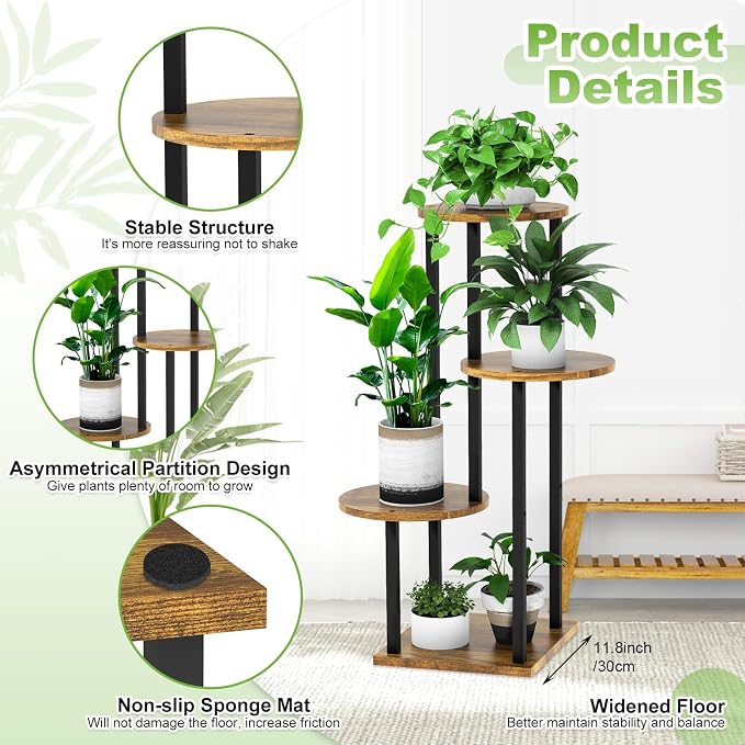 4 Tier Wood Tall Plant Stand Metal Rack Indoor, Round Planter Shelf Display - Image 3