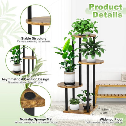 4 Tier Wood Tall Plant Stand Metal Rack Indoor, Round Planter Shelf Display - Image 3