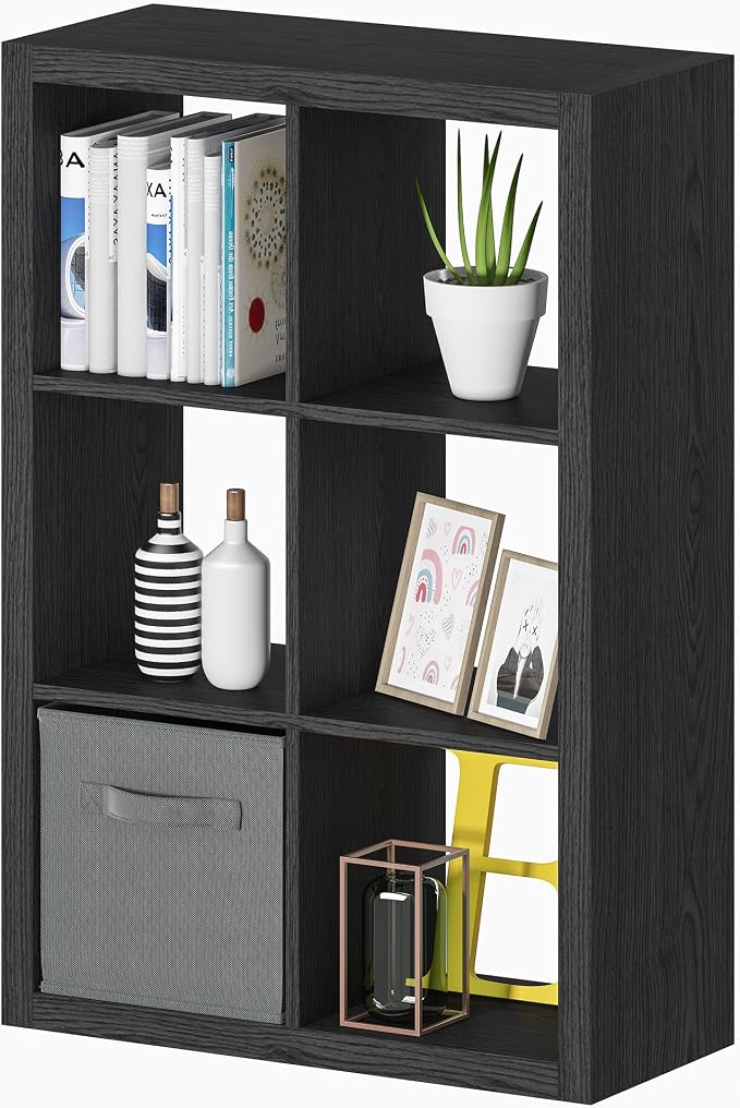 Bookshelf with Storage Bin, 6-Cube Storage Organizer, Modern Wood Open Bookcase - Image 5