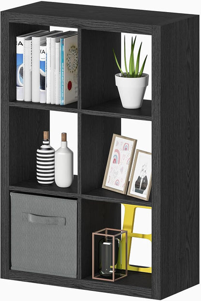 Bookshelf with Storage Bin, 6-Cube Storage Organizer, Modern Wood Open Bookcase - Image 5