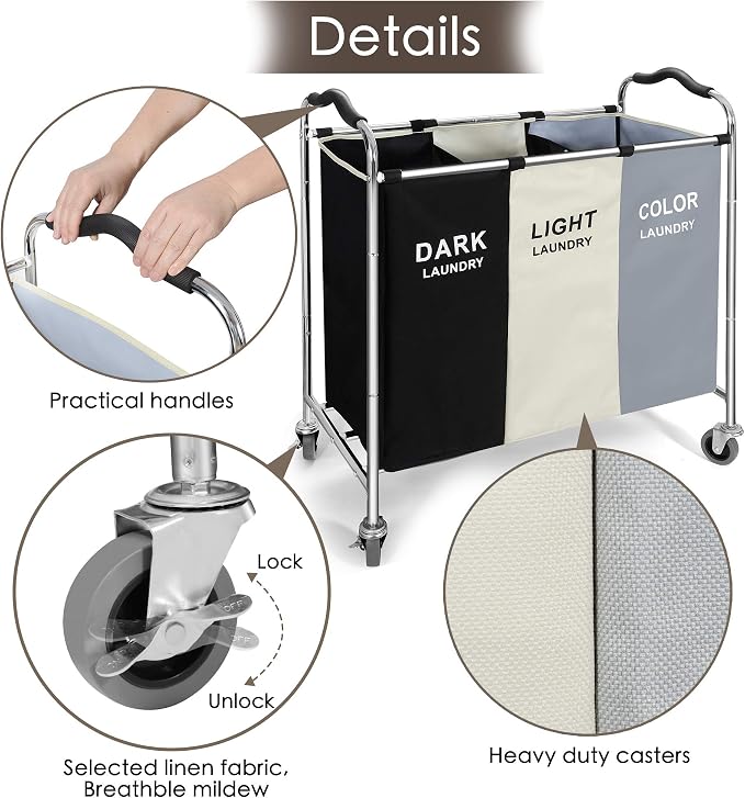 Laundry Basket with Wheels, 240l Laundry Hamper with 3 Section Laundry Bag - Image 4