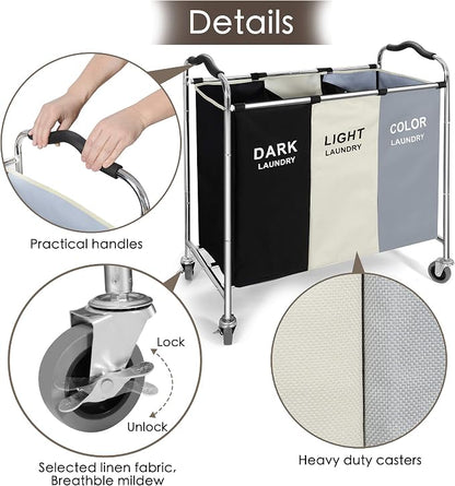 Laundry Basket with Wheels, 240l Laundry Hamper with 3 Section Laundry Bag - Image 4