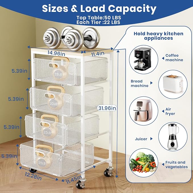 Goovilla Kitchen Cart with Drawers, Lockable Wheels with Wooden Top, Fruit - Image 3