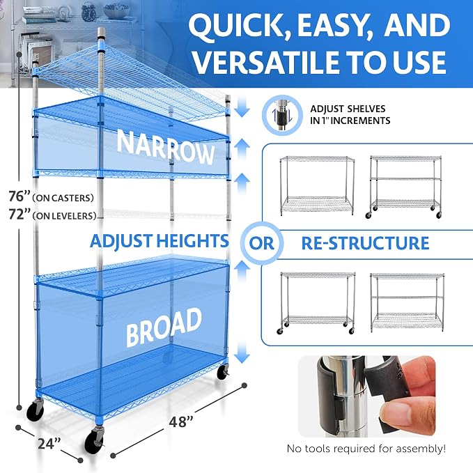 4000 LBS Heavy Duty Wire Rack 48 x 24 x 76, 5-Tier NSF Commercial Rolling Rack - Image 6