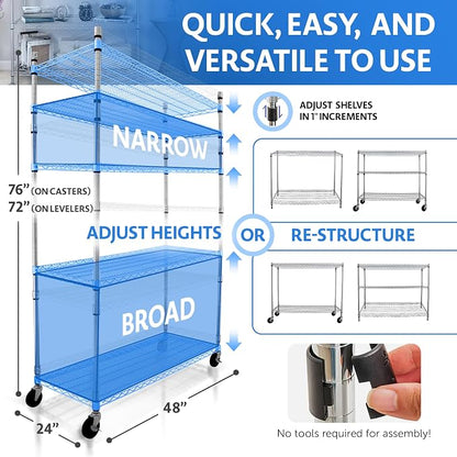 4000 LBS Heavy Duty Wire Rack 48 x 24 x 76, 5-Tier NSF Commercial Rolling Rack - Image 6