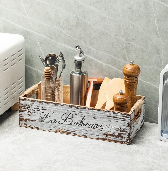 TIMRIS Farmhouse Distressed Wooden Storage Box, Rustic Bathroom Decor Box - Image 4