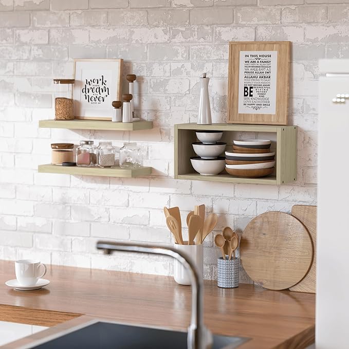RICHER HOUSE 3-Set Floating Shelves, Natural Bathroom Shelf Over Toilet | Cube - Image 3
