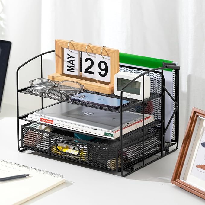 Amazon Basics Rectangular Desk Organizer 3 Tray w/Sliding Drawer and Hanging - Image 6
