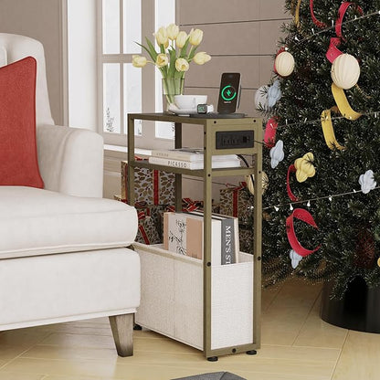 Green Side Table with Charging Station, Slim End Tables with Linen Basket - Image 7