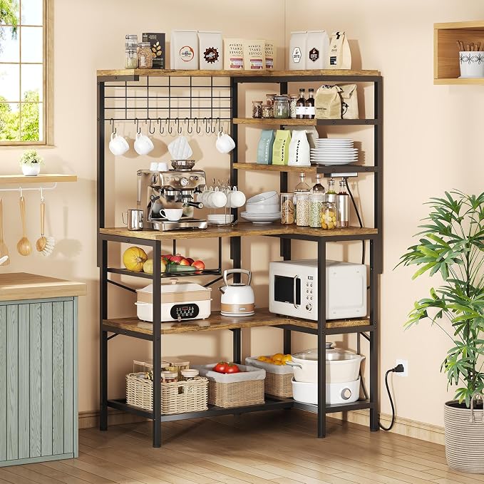 L-Shaped Bakers Rack with Power Outlet, 6-Tier Microwave Stand with Open Storage - Image 7