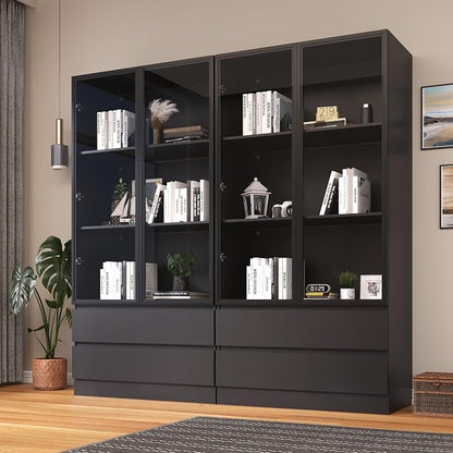 Wooden Display Cabinet with Glass Doors & 2 Drawers, LED Lights Glass Display - Image 5