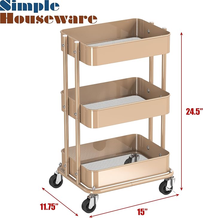 Simple Houseware 3-Tier Compact Utility Rolling Cart, Low 24” Height Fits Under - Image 3
