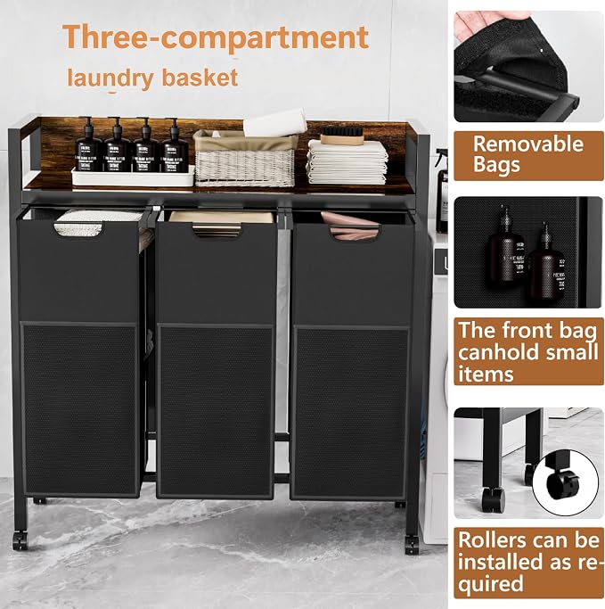 Laundry Sorter 3 Section, 360°Rolling Laundry Basket, 3 Pull-Out and Removable - Image 5