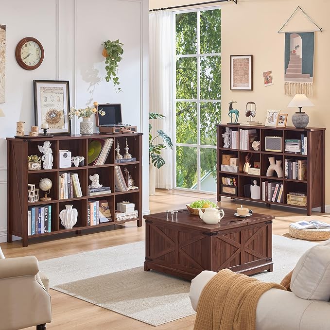 Joaxswe 12 Cube Storage Organizer, Farmhouse 62 Inch Wide Brown Walnut Display - Image 3