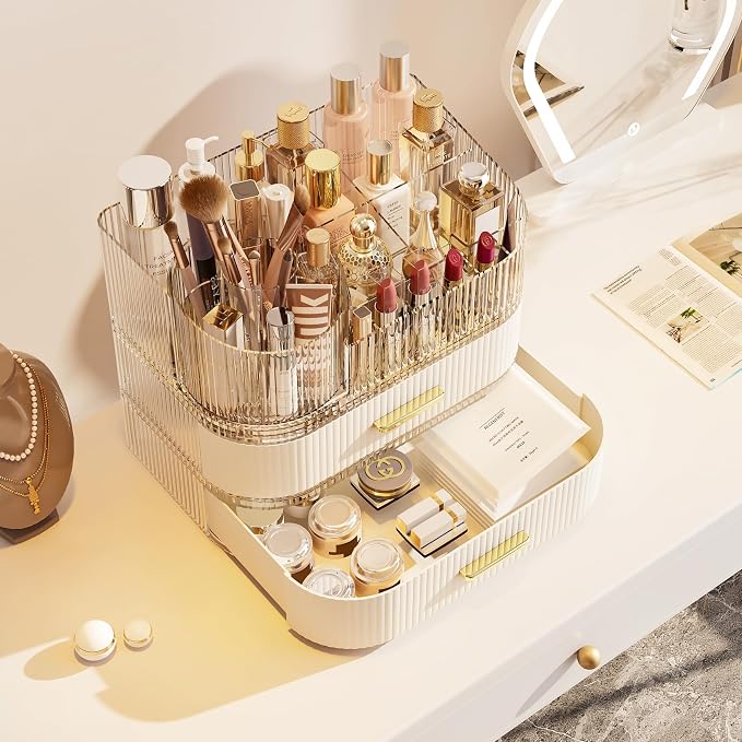 Makeup Organizer with 360 Rotating Brush Holder and Stackable Drawers, Cosmetic - Image 7
