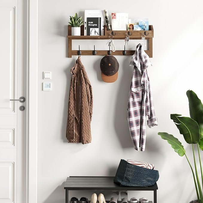 AMBIRD Wall Hooks with Shelf 26.57inch Entryway Wall Hanging Shelf Wood Coat - Image 4