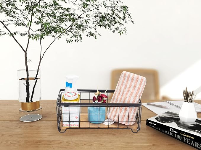 Metal Wire Storage Basket, Toilet Paper Roll Holder Wood Base Countertop Decor - Image 3