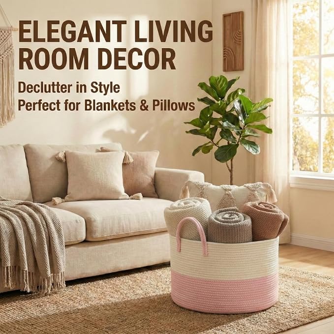 JMvicyroam 65L Extra Large Machine Washable Cotton Rope Blanket Basket | - Image 2