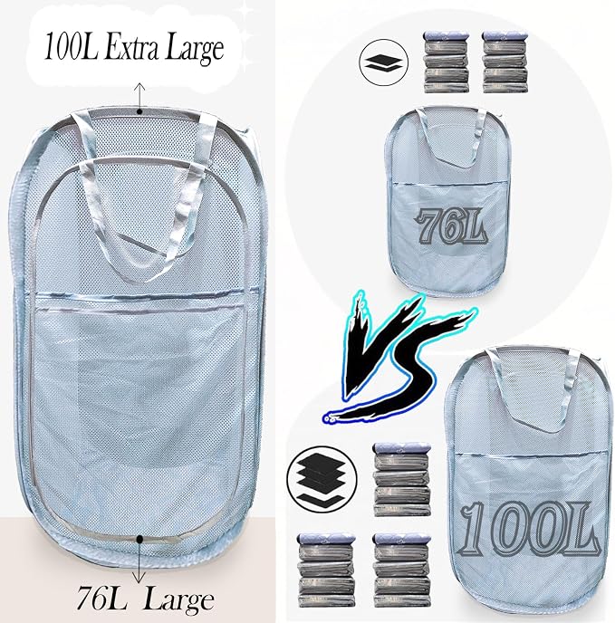 Extra Large Mesh Pop Up Laundry Hamper 2 Pack, 100L Foldable Laundry Baskets - Image 3