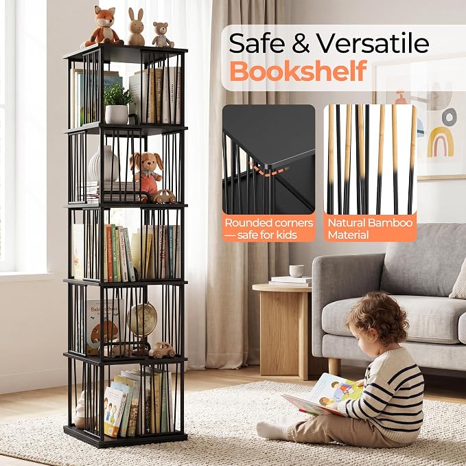 Black Rotating Bookshelf Tower 360° 5 Tier Tall Revolving Bookcase | Narrow - Image 9
