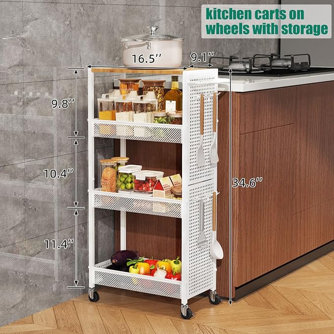 4-Tier Slim Storage Cart with Wheels, Small Mobile Organizer Shelf with Wooden - Image 2