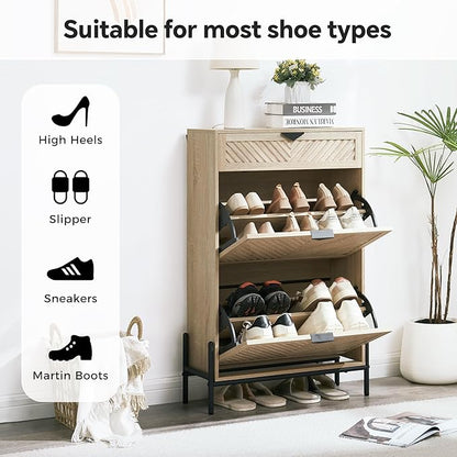 Shoe Cabinet with 2 Flip Drawers, Narrow Entryway Rack, Oak | Slanted Wood Grain - Image 3