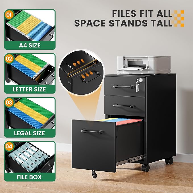 3 Drawer Slim File Cabinet, Mobile Filing Cabinet - Image 4