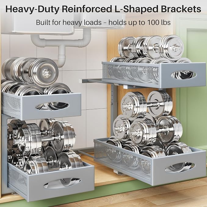 Under Sink Organizer, 2 Pack 2 Tier Pull out Cabinet Organizer Baskets - Image 5