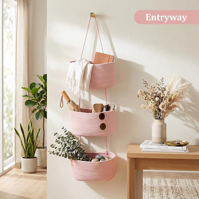 TeoKJ Over the Door Hanging Basket, 3-Tier Woven Cotton Wall-Mounted Storage - Image 7