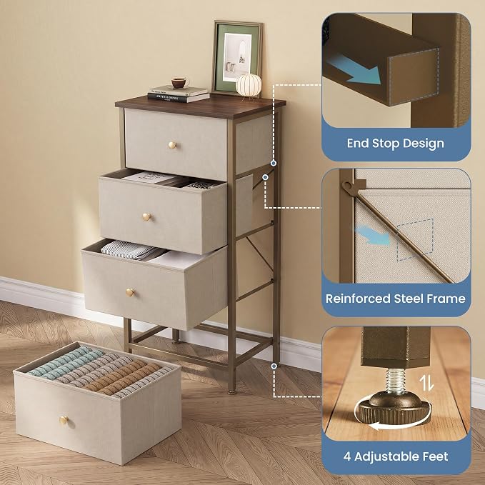 DUMOS Nightstand with 4 Drawers Bedside Table with Removable Fabric Bins Sturdy - Image 5