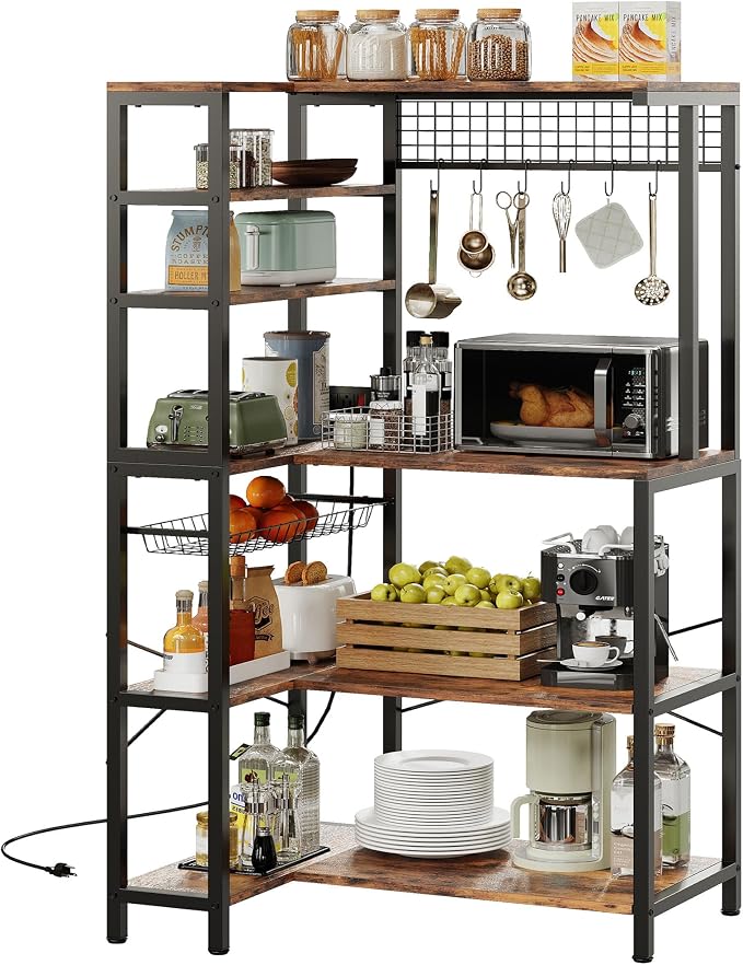 IRONCK Bakers Rack with Power Outlet, 5-Tier Corner Microwave Stand with Storage by IRONCK