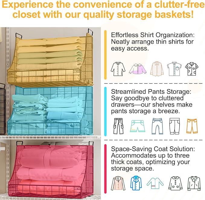 4-Pack Stackable Wire Baskets for Closet Organizers and Storage, Open Storage - Image 5