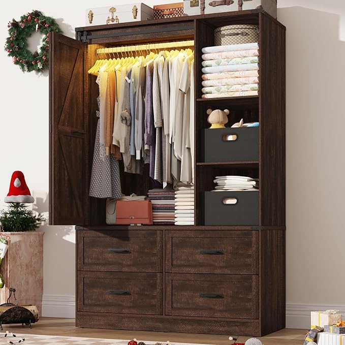 Farmhouse 3 Doors Armoire Wardrobe Closet w/Folding Sliding Barn Door and Lights by jiteentarou