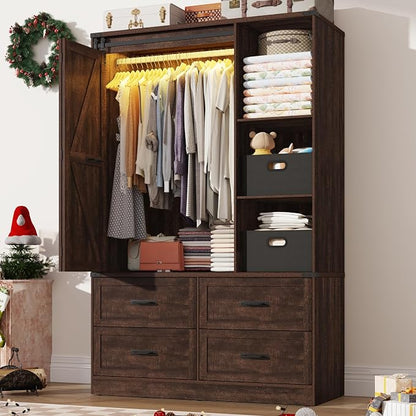 Farmhouse 3 Doors Armoire Wardrobe Closet w/Folding Sliding Barn Door and Lights by jiteentarou