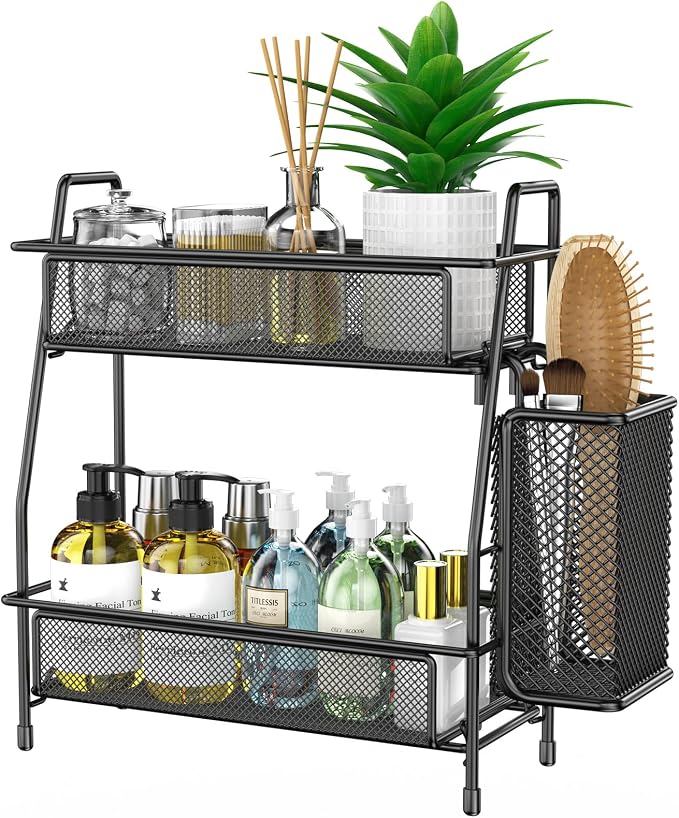 Bathroom Organizer with Basket, 2-Tier Bathroom Tray by THENNIKIGO