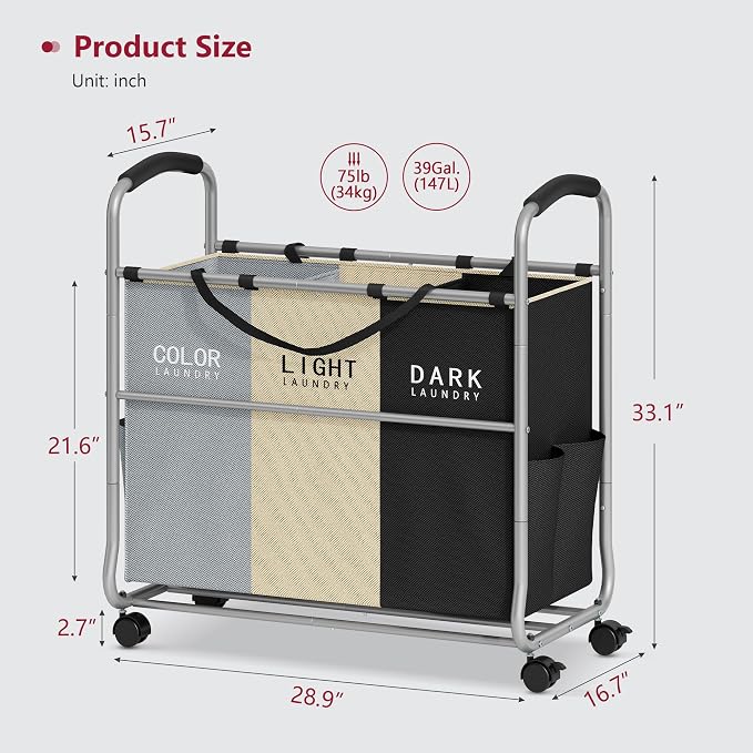 Tajsoon 3 section Laundry Hamper Sorter, Laundry Sorter Cart - Image 5
