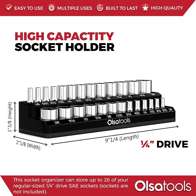 Olsa Tools Magnetic Socket Organizer | 1/4-Inch Drive | SAE | Black | Holds 26 - Image 3